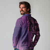 Samoan Pacific Tribal Flower Geometric Art Tattoos Long Sleeve Polo Shirt Siapo Pattern Purple Haze LT03 - Polynesian Pride