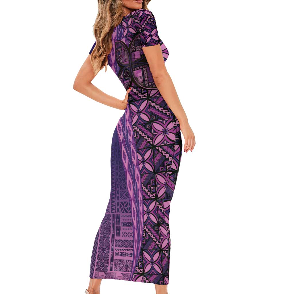 Samoan Pacific Tribal Flower Geometric Art Tattoos Short Sleeve Bodycon Dress Siapo Pattern Purple Haze LT03 - Polynesian Pride