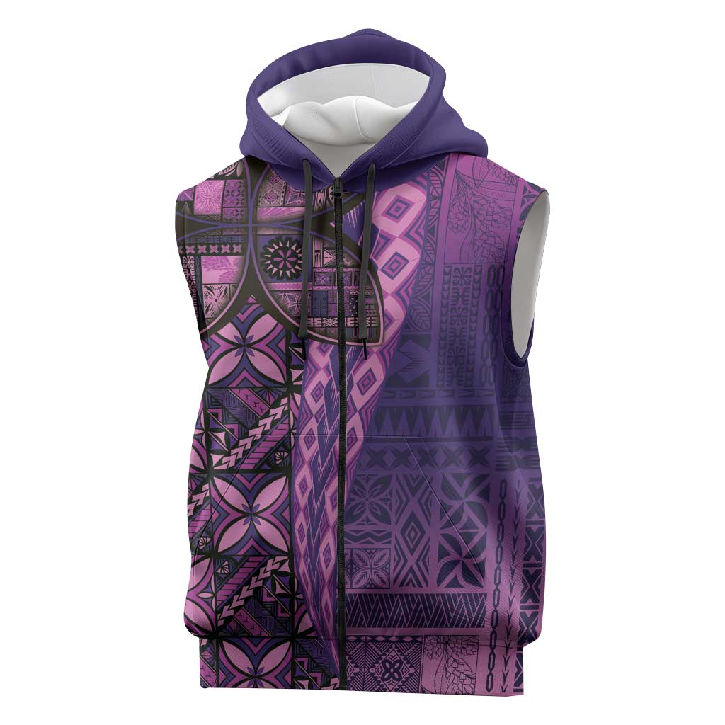Samoan Pacific Tribal Flower Geometric Art Tattoos Sleeveless Zip Hoodie Siapo Pattern Purple Haze LT03 Purple - Polynesian Pride