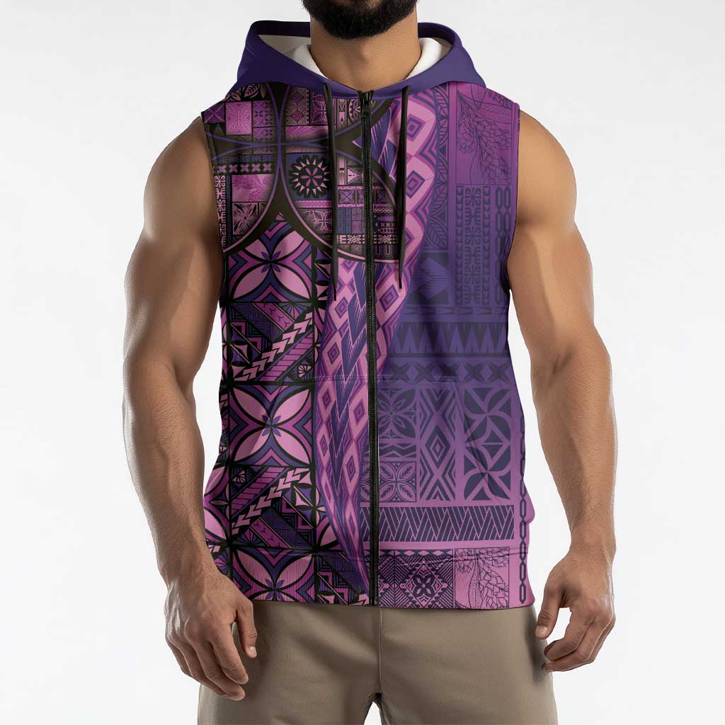 Samoan Pacific Tribal Flower Geometric Art Tattoos Sleeveless Zip Hoodie Siapo Pattern Purple Haze LT03 - Polynesian Pride