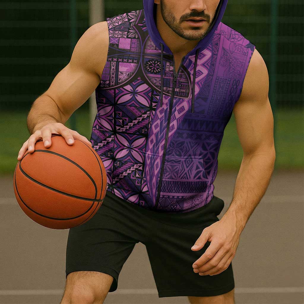 Samoan Pacific Tribal Flower Geometric Art Tattoos Sleeveless Zip Hoodie Siapo Pattern Purple Haze LT03 - Polynesian Pride