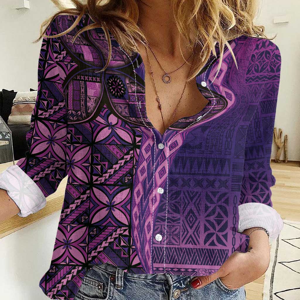 Samoan Pacific Tribal Flower Geometric Art Tattoos Women Casual Shirt Siapo Pattern Purple Haze LT03 Female Purple - Polynesian Pride