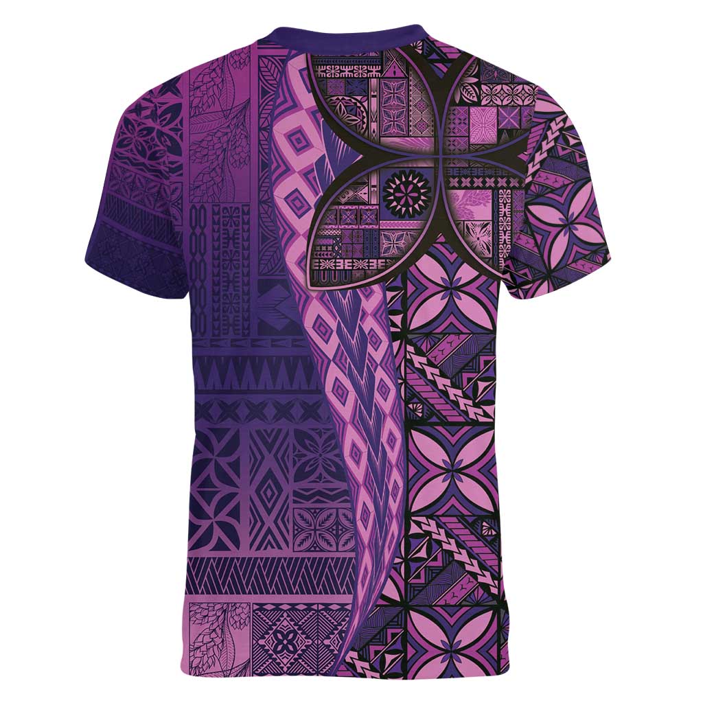 Samoan Pacific Tribal Flower Geometric Art Tattoos Women V-Neck T-Shirt Siapo Pattern Purple Haze LT03 - Polynesian Pride