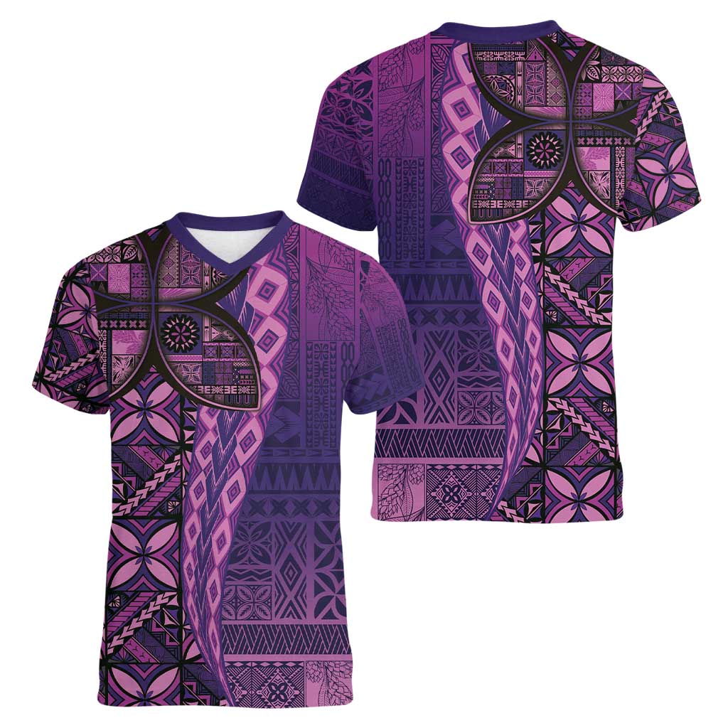 Samoan Pacific Tribal Flower Geometric Art Tattoos Women V-Neck T-Shirt Siapo Pattern Purple Haze LT03 - Polynesian Pride