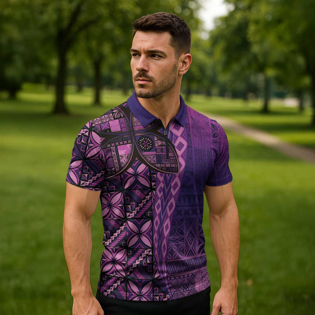 Samoan Pacific Tribal Flower Geometric Art Tattoos Zipper Polo Shirt Siapo Pattern Purple Haze LT03 - Polynesian Pride