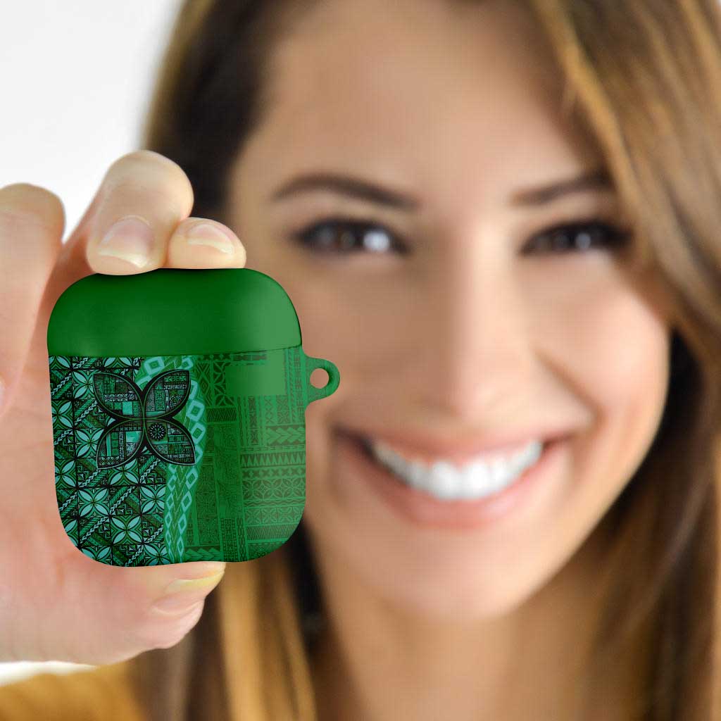 Samoan Pacific Tribal Flower Geometric Art Tattoos AirPods Case Siapo Pattern Emerald Glow - Polynesian Pride