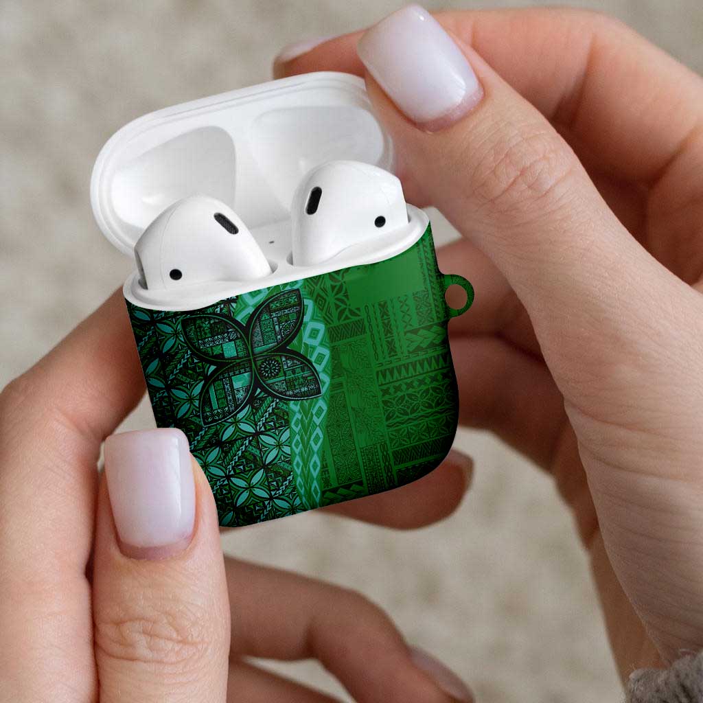 Samoan Pacific Tribal Flower Geometric Art Tattoos AirPods Case Siapo Pattern Emerald Glow - Polynesian Pride