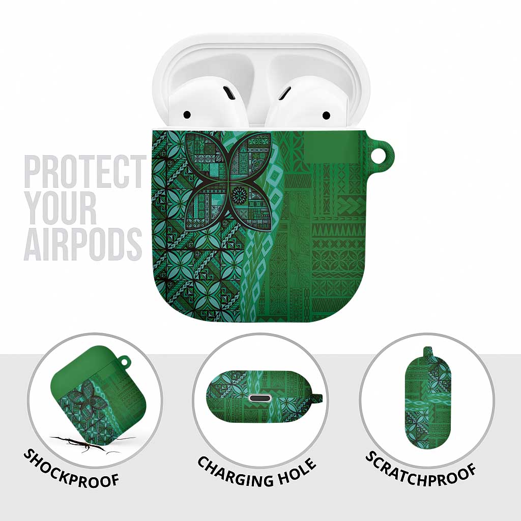 Samoan Pacific Tribal Flower Geometric Art Tattoos AirPods Case Siapo Pattern Emerald Glow - Polynesian Pride