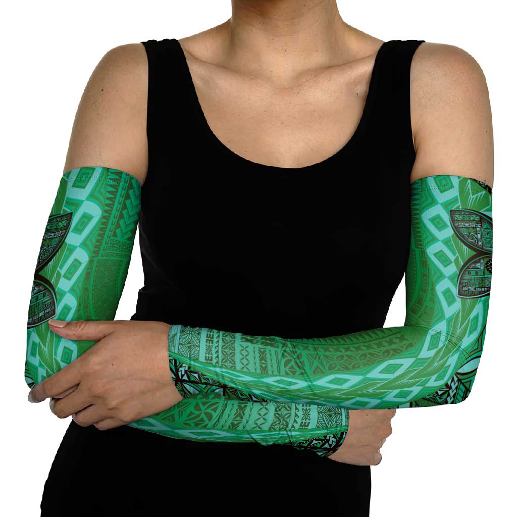Samoan Pacific Tribal Flower Geometric Art Tattoos Arm Sleeves Siapo Pattern Emerald Glow - Polynesian Pride