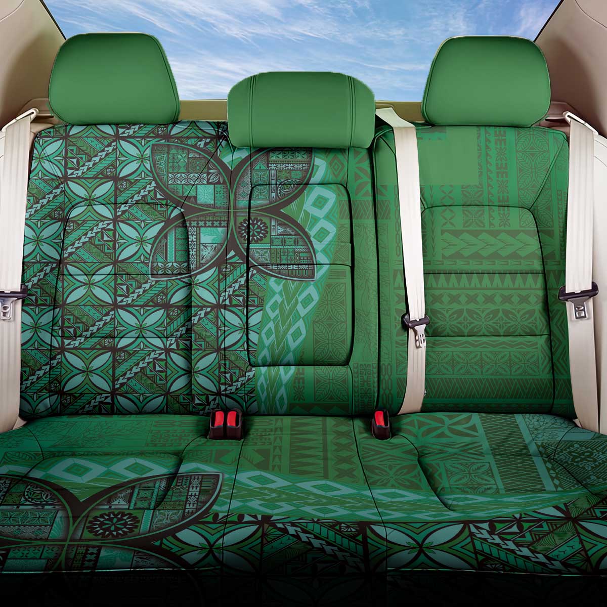 Samoan Pacific Tribal Flower Geometric Art Tattoos Back Car Seat Cover Siapo Pattern Emerald Glow - Polynesian Pride