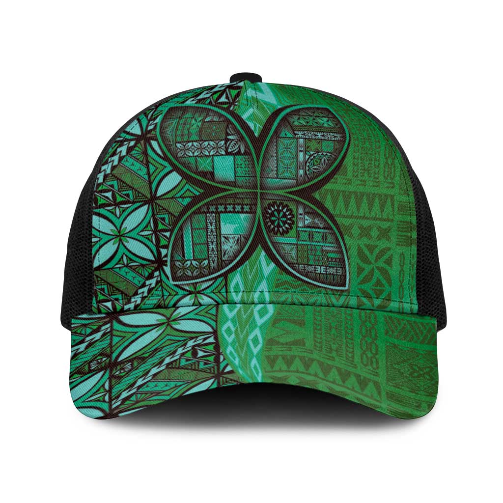 Samoan Pacific Tribal Flower Geometric Art Tattoos Baseball Net Cap Siapo Pattern Emerald Glow - Polynesian Pride