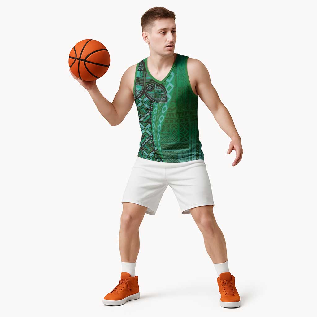 Samoan Pacific Tribal Flower Geometric Art Tattoos Basketball Jersey Siapo Pattern Emerald Glow - Polynesian Pride