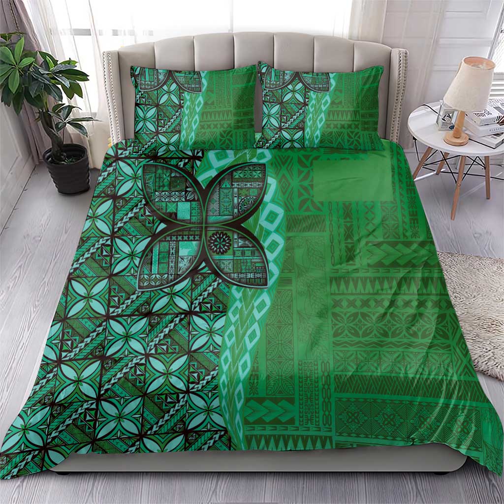 Samoan Pacific Tribal Flower Geometric Art Tattoos Bedding Set Siapo Pattern Emerald Glow LT03 - Polynesian Pride