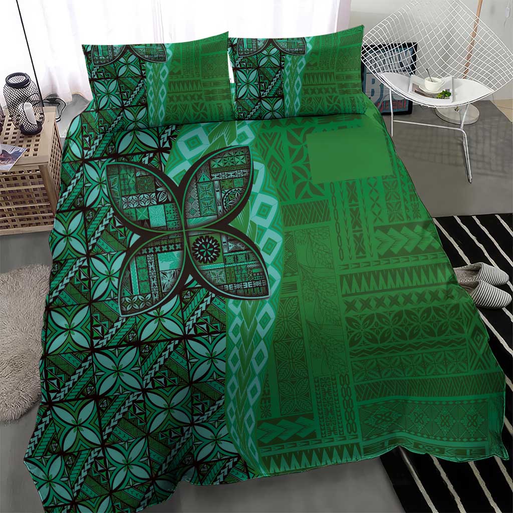 Samoan Pacific Tribal Flower Geometric Art Tattoos Bedding Set Siapo Pattern Emerald Glow LT03 - Polynesian Pride