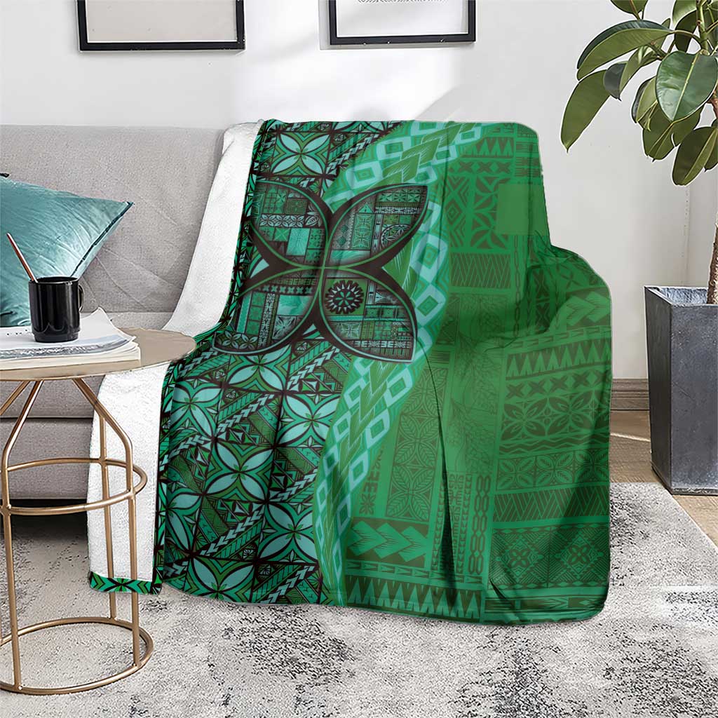 Samoan Pacific Tribal Flower Geometric Art Tattoos Blanket Siapo Pattern Emerald Glow - Polynesian Pride
