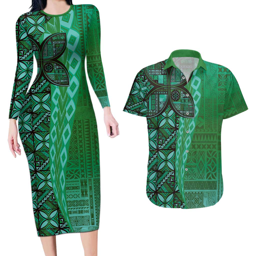 Samoan Pacific Tribal Flower Geometric Art Tattoos Couples Matching Long Sleeve Bodycon Dress and Hawaiian Shirt Siapo Pattern Emerald Glow LT03 Green - Polynesian Pride