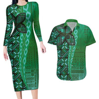 Samoan Pacific Tribal Flower Geometric Art Tattoos Couples Matching Long Sleeve Bodycon Dress and Hawaiian Shirt Siapo Pattern Emerald Glow LT03 Green - Polynesian Pride