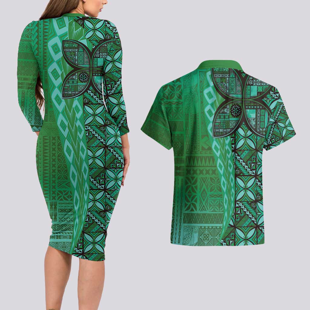 Samoan Pacific Tribal Flower Geometric Art Tattoos Couples Matching Long Sleeve Bodycon Dress and Hawaiian Shirt Siapo Pattern Emerald Glow LT03 - Polynesian Pride
