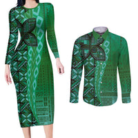 Samoan Pacific Tribal Flower Geometric Art Tattoos Couples Matching Long Sleeve Bodycon Dress and Long Sleeve Button Shirt Siapo Pattern Emerald Glow LT03 Green - Polynesian Pride