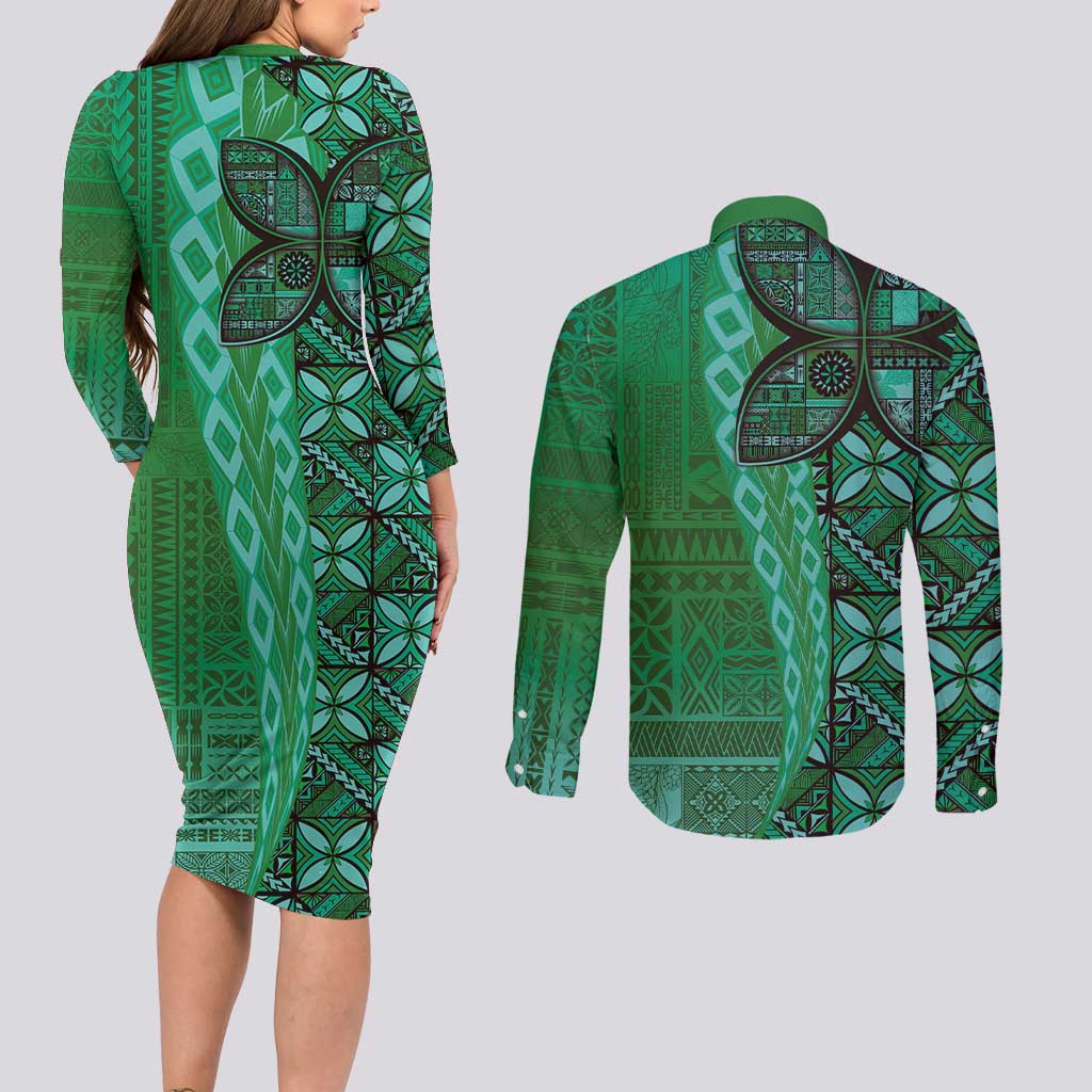 Samoan Pacific Tribal Flower Geometric Art Tattoos Couples Matching Long Sleeve Bodycon Dress and Long Sleeve Button Shirt Siapo Pattern Emerald Glow LT03 - Polynesian Pride