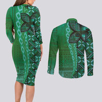 Samoan Pacific Tribal Flower Geometric Art Tattoos Couples Matching Long Sleeve Bodycon Dress and Long Sleeve Button Shirt Siapo Pattern Emerald Glow LT03 - Polynesian Pride