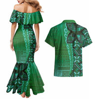 Samoan Pacific Tribal Flower Geometric Art Tattoos Couples Matching Mermaid Dress and Hawaiian Shirt Siapo Pattern Emerald Glow LT03 - Polynesian Pride