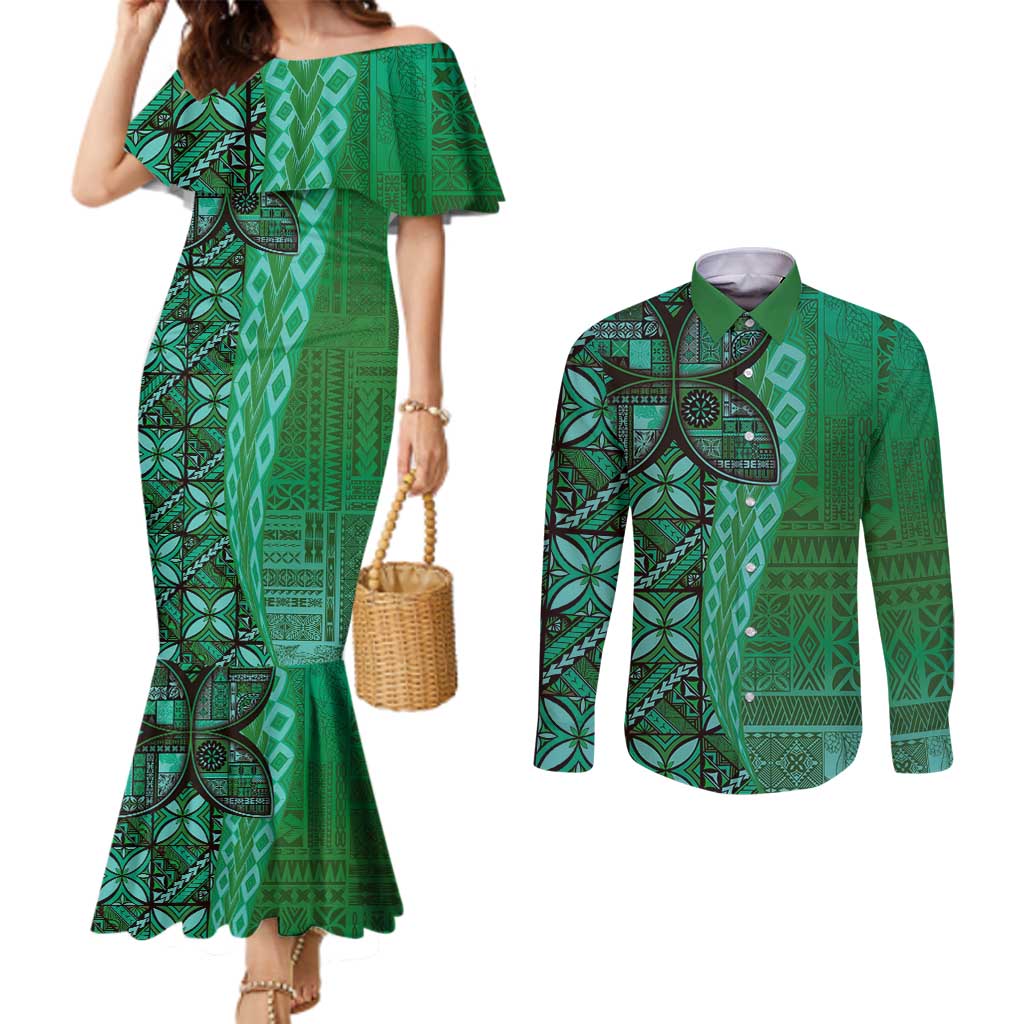 Samoan Pacific Tribal Flower Geometric Art Tattoos Couples Matching Mermaid Dress and Long Sleeve Button Shirt Siapo Pattern Emerald Glow - Polynesian Pride