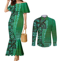 Samoan Pacific Tribal Flower Geometric Art Tattoos Couples Matching Mermaid Dress and Long Sleeve Button Shirt Siapo Pattern Emerald Glow LT03 Green - Polynesian Pride