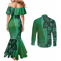 Samoan Pacific Tribal Flower Geometric Art Tattoos Couples Matching Mermaid Dress and Long Sleeve Button Shirt Siapo Pattern Emerald Glow LT03 - Polynesian Pride