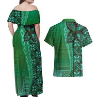 Samoan Pacific Tribal Flower Geometric Art Tattoos Couples Matching Off Shoulder Maxi Dress and Hawaiian Shirt Siapo Pattern Emerald Glow LT03 - Polynesian Pride