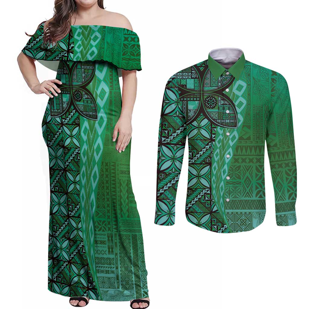 Samoan Pacific Tribal Flower Geometric Art Tattoos Couples Matching Off Shoulder Maxi Dress and Long Sleeve Button Shirt Siapo Pattern Emerald Glow LT03 Green - Polynesian Pride