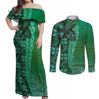 Samoan Pacific Tribal Flower Geometric Art Tattoos Couples Matching Off Shoulder Maxi Dress and Long Sleeve Button Shirt Siapo Pattern Emerald Glow LT03 Green - Polynesian Pride
