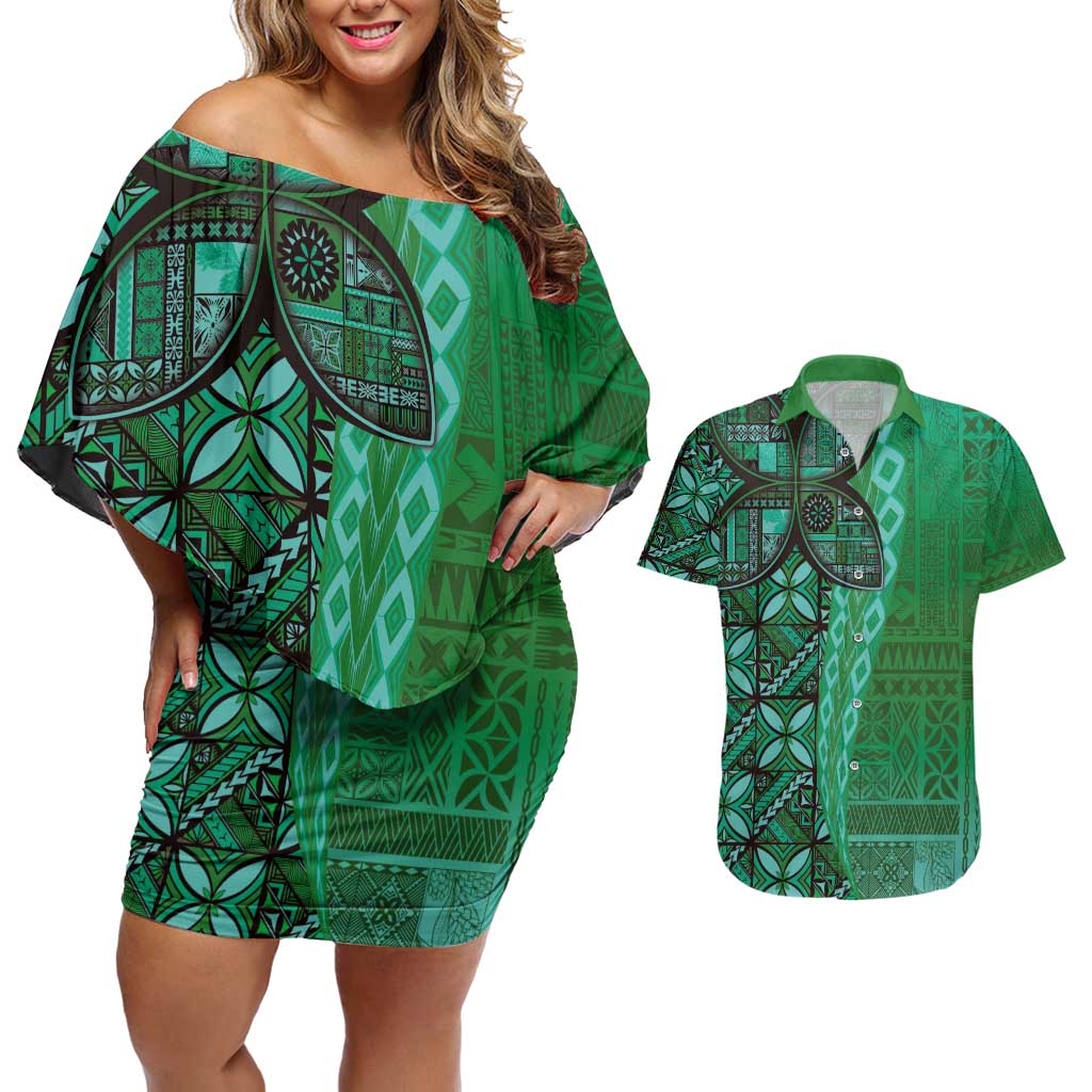 Samoan Pacific Tribal Flower Geometric Art Tattoos Couples Matching Off Shoulder Short Dress and Hawaiian Shirt Siapo Pattern Emerald Glow LT03 Green - Polynesian Pride
