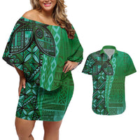 Samoan Pacific Tribal Flower Geometric Art Tattoos Couples Matching Off Shoulder Short Dress and Hawaiian Shirt Siapo Pattern Emerald Glow LT03 Green - Polynesian Pride