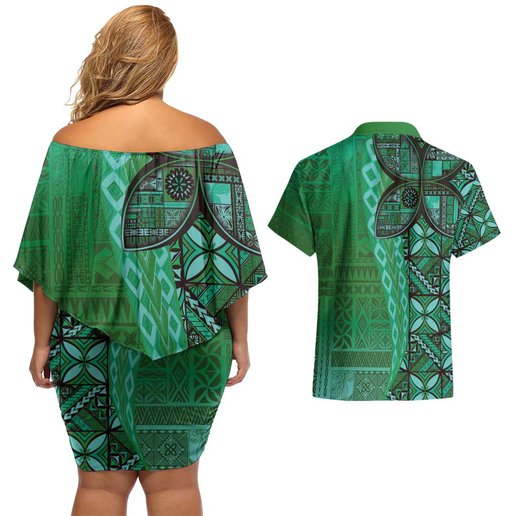 Samoan Pacific Tribal Flower Geometric Art Tattoos Couples Matching Off Shoulder Short Dress and Hawaiian Shirt Siapo Pattern Emerald Glow LT03 - Polynesian Pride