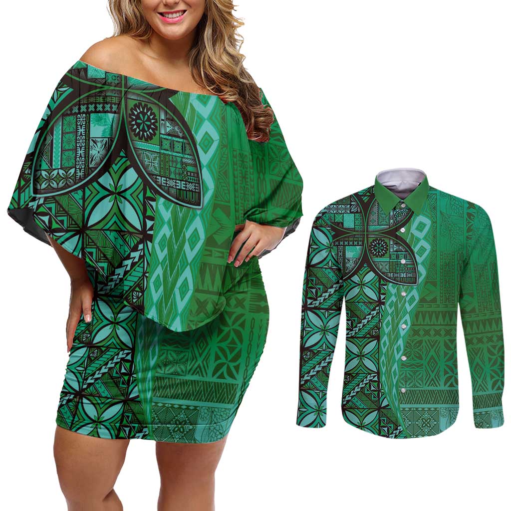 Samoan Pacific Tribal Flower Geometric Art Tattoos Couples Matching Off Shoulder Short Dress and Long Sleeve Button Shirt Siapo Pattern Emerald Glow LT03 Green - Polynesian Pride