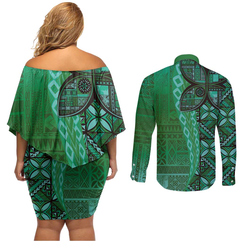 Samoan Pacific Tribal Flower Geometric Art Tattoos Couples Matching Off Shoulder Short Dress and Long Sleeve Button Shirt Siapo Pattern Emerald Glow LT03 - Polynesian Pride