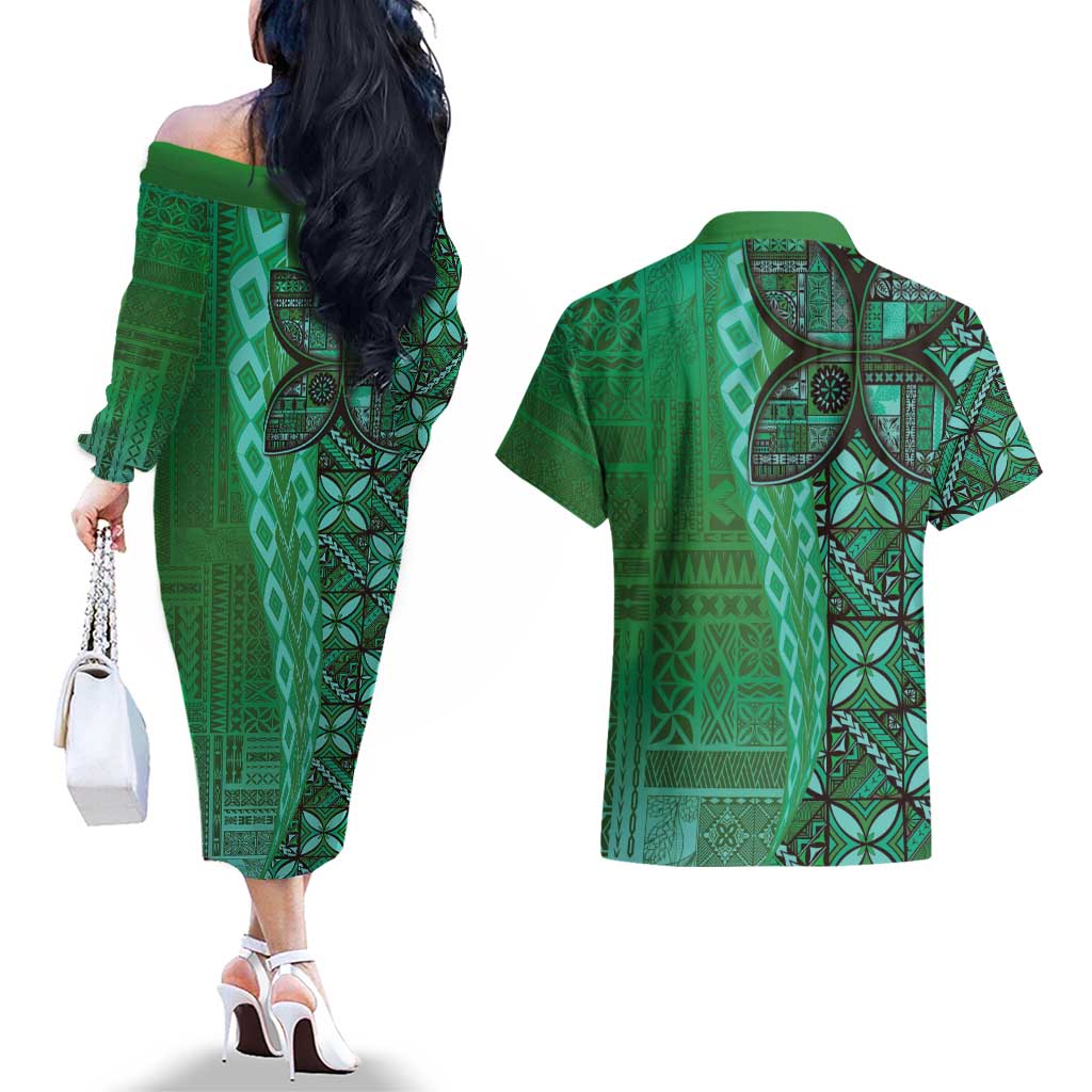 Samoan Pacific Tribal Flower Geometric Art Tattoos Couples Matching Off The Shoulder Long Sleeve Dress and Hawaiian Shirt Siapo Pattern Emerald Glow LT03 - Polynesian Pride