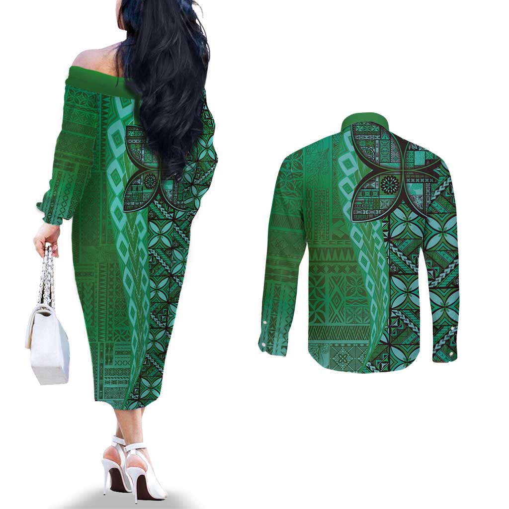 Samoan Pacific Tribal Flower Geometric Art Tattoos Couples Matching Off The Shoulder Long Sleeve Dress and Long Sleeve Button Shirt Siapo Pattern Emerald Glow LT03 - Polynesian Pride