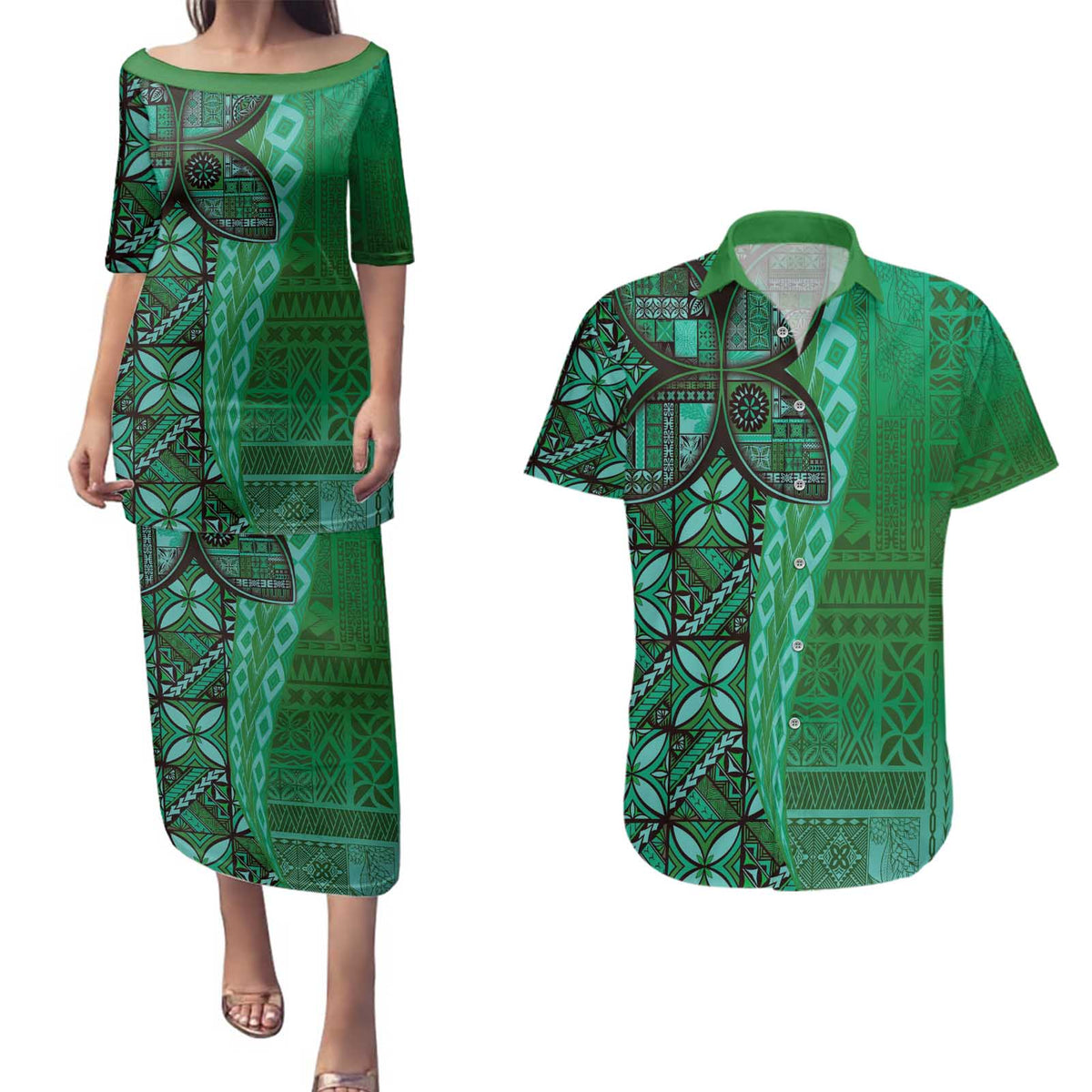 Samoan Pacific Tribal Flower Geometric Art Tattoos Couples Matching Puletasi and Hawaiian Shirt Siapo Pattern Emerald Glow LT03 Green - Polynesian Pride