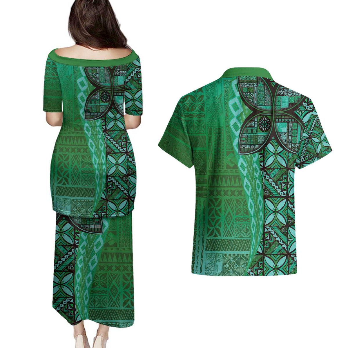 Samoan Pacific Tribal Flower Geometric Art Tattoos Couples Matching Puletasi and Hawaiian Shirt Siapo Pattern Emerald Glow LT03 - Polynesian Pride