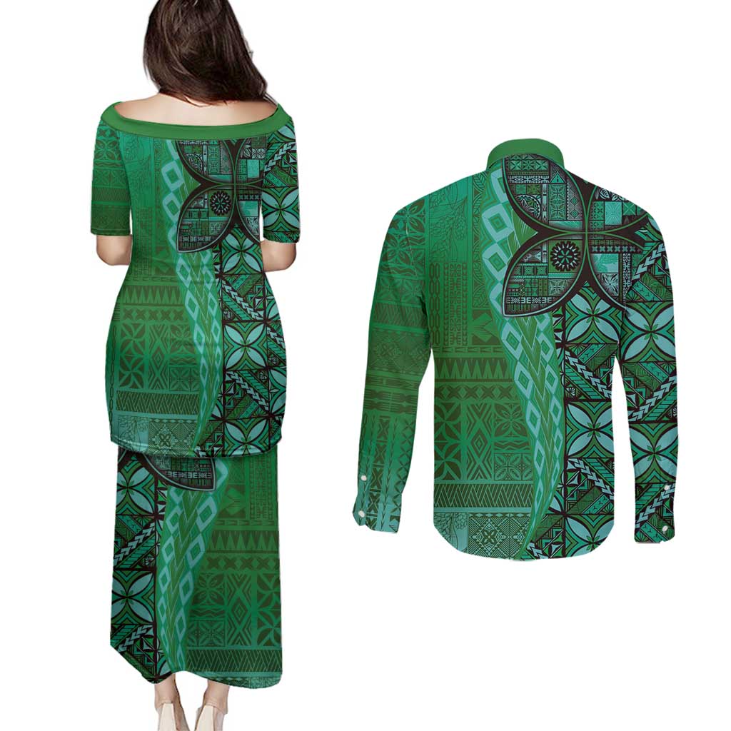 Samoan Pacific Tribal Flower Geometric Art Tattoos Couples Matching Puletasi and Long Sleeve Button Shirt Siapo Pattern Emerald Glow - Polynesian Pride