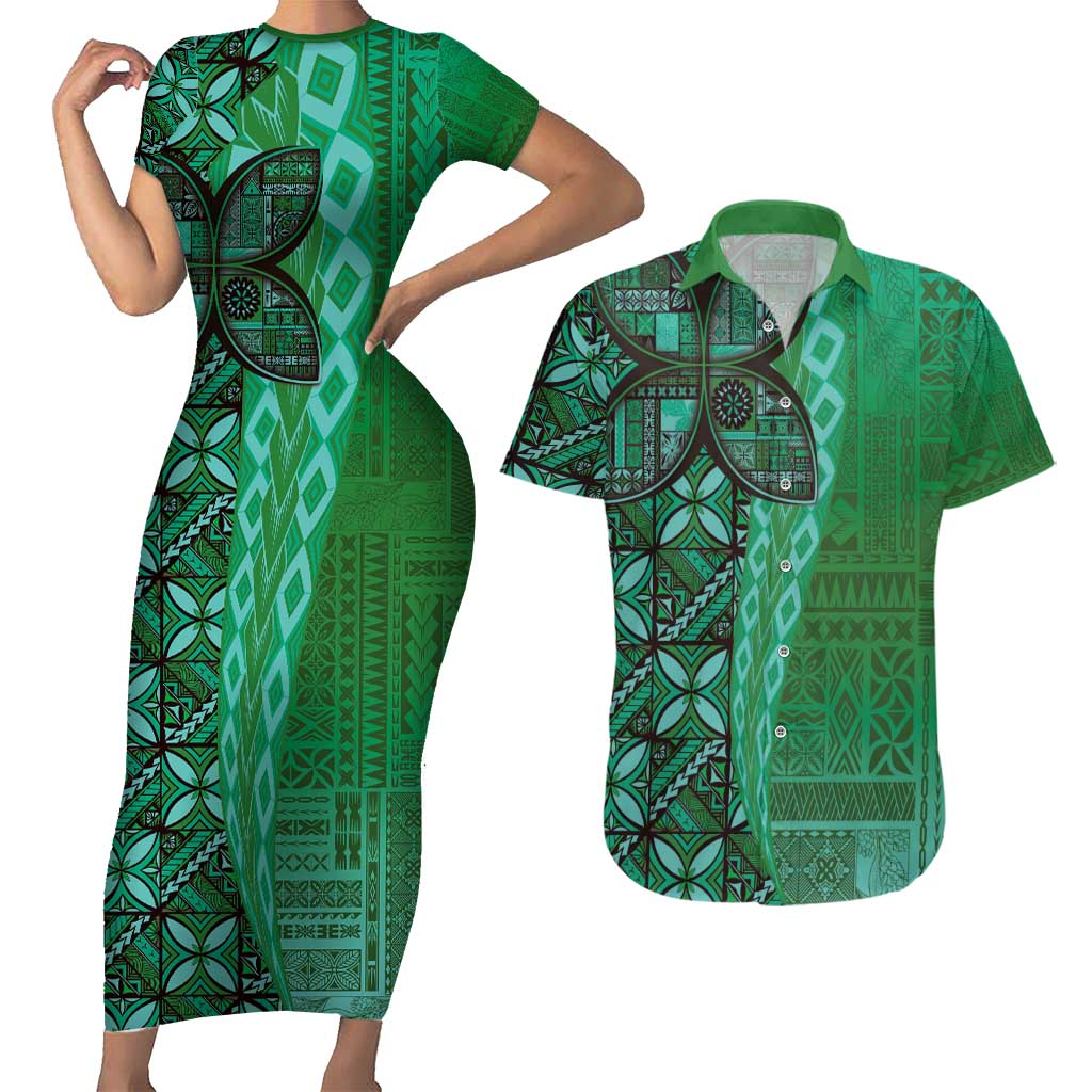 Samoan Pacific Tribal Flower Geometric Art Tattoos Couples Matching Short Sleeve Bodycon Dress and Hawaiian Shirt Siapo Pattern Emerald Glow LT03 Green - Polynesian Pride