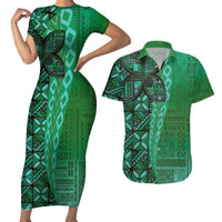 Samoan Pacific Tribal Flower Geometric Art Tattoos Couples Matching Short Sleeve Bodycon Dress and Hawaiian Shirt Siapo Pattern Emerald Glow LT03 Green - Polynesian Pride