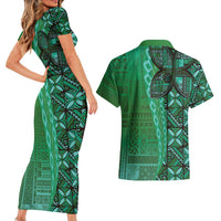 Samoan Pacific Tribal Flower Geometric Art Tattoos Couples Matching Short Sleeve Bodycon Dress and Hawaiian Shirt Siapo Pattern Emerald Glow LT03 - Polynesian Pride