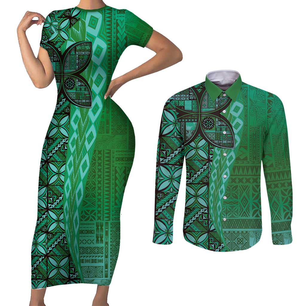 Samoan Pacific Tribal Flower Geometric Art Tattoos Couples Matching Short Sleeve Bodycon Dress and Long Sleeve Button Shirt Siapo Pattern Emerald Glow LT03 Green - Polynesian Pride