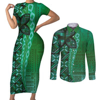 Samoan Pacific Tribal Flower Geometric Art Tattoos Couples Matching Short Sleeve Bodycon Dress and Long Sleeve Button Shirt Siapo Pattern Emerald Glow LT03 Green - Polynesian Pride