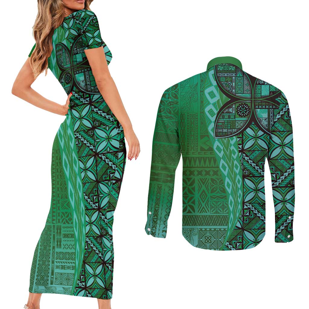 Samoan Pacific Tribal Flower Geometric Art Tattoos Couples Matching Short Sleeve Bodycon Dress and Long Sleeve Button Shirt Siapo Pattern Emerald Glow LT03 - Polynesian Pride