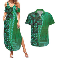 Samoan Pacific Tribal Flower Geometric Art Tattoos Couples Matching Summer Maxi Dress and Hawaiian Shirt Siapo Pattern Emerald Glow LT03 Green - Polynesian Pride