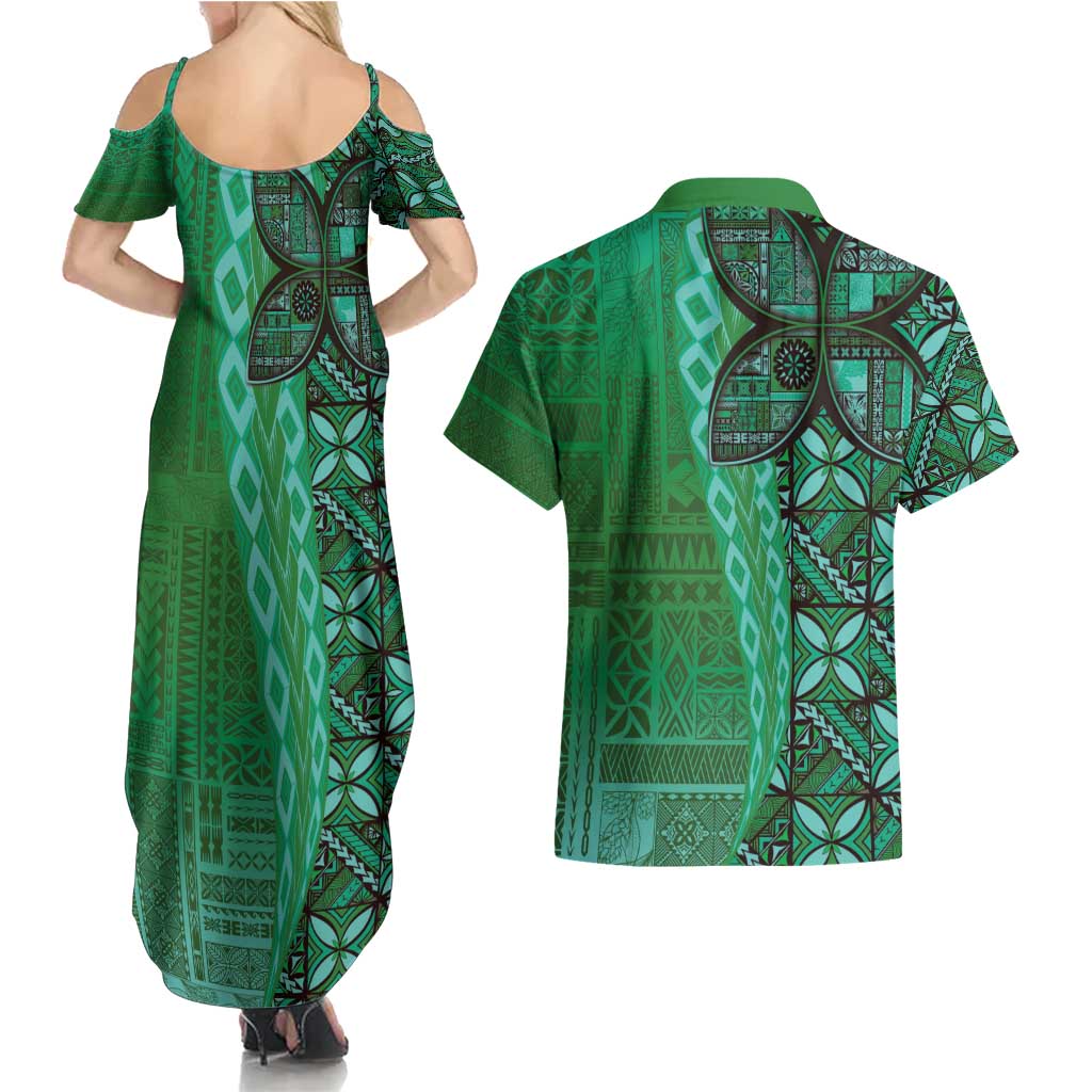 Samoan Pacific Tribal Flower Geometric Art Tattoos Couples Matching Summer Maxi Dress and Hawaiian Shirt Siapo Pattern Emerald Glow LT03 - Polynesian Pride